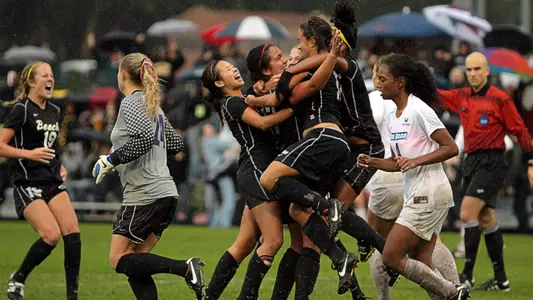 The 49ers celebrate after Ashely Roese scored the game-winning goal against San Diego in the NCAA Sweet 16 at UCLA's Drake Stadium. (Photo by Steven Carcano/Daily 49er)