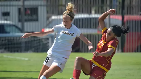 Jordan Nelson (19) of the Long Beach State women's soccer team during the session opener at USC. Long Beach went on to win 2-1.Photos by Steven Georges/LBSU