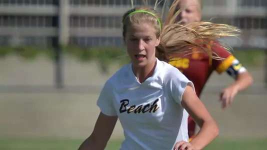 Taylor Nelson (5) of the Long Beach State women's soccer team during the session opener at USC. Long Beach went on to win 2-1.Photos by Steven Georges/LBSU