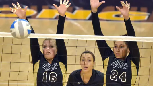 8/20/11 - Delainey Aigner-Swesey (16) and Alma Serna (24) of the Long Beach State Women's Volleyball team as they play UMBC during the Long Beach State Mizuno Invitational at the Pyramid.
Long Beach went on to win 3-0.
Photos by Steven Georges/Long Beach State