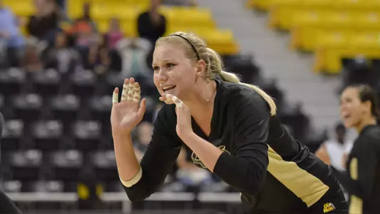 9/24/11 - Haleigh Hampton (8) of the Long Beach State Women's Volleyball team playing Cal Poly at the Pyramid.
Photo by Steven Georges/Long Beach State