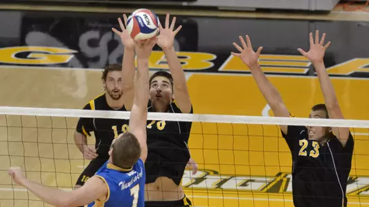 Jeff Ornee (16) and Srdjan Nadazdin (23) of the Long Beach State Men's Volleyball team.
Photo by Steven Georges/LBSU