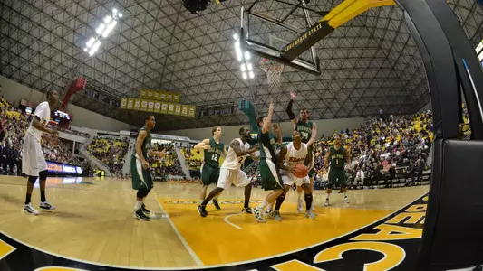 (left to right) Mike Caffey, T.J. Robinson and Eugene Phelps - Long Beach State vs. Cal Poly.  Jan. 5, 2012 (Photo by Steven Georges/LBSU)