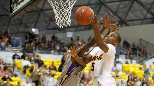 Mike Caffey gets fouled on a lay-up against North Alabama on Saturday, Nov. 10 at the Walter Pyramid.