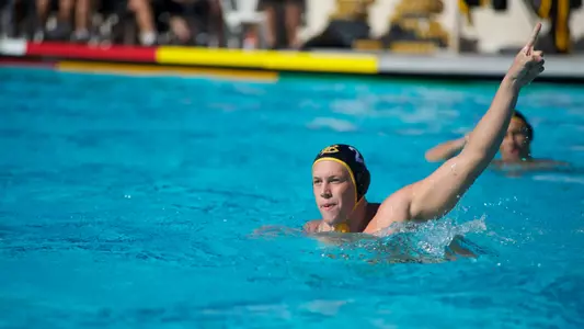 Nolan McConnell celebrates as he scored his first of four goals in the first period for the 49ers against UC Irvine Sunday, Nov. 11, at the Campus Pool.