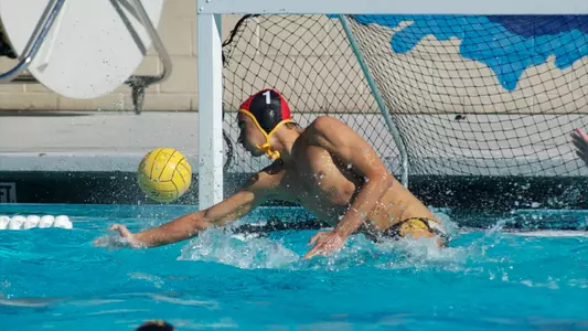 Balint Meszaros gets a hand on the ball against UC Irvine Sunday, Nov. 11, at the Campus Pool.