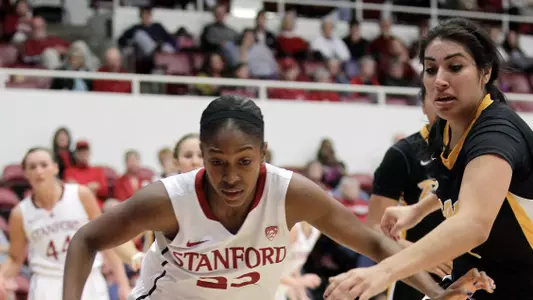 Stanford guard Jasmine Camp (23) battle for a loose ball against Long Beach State guard Alex Sanchez (3) during the first half of an NCAA college basketball game in Stanford, Calif., Sunday, Nov. 25, 2012. (AP Photo/Tony Avelar)