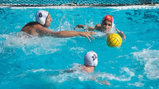 Balint Meszros, Zacchary Kappos, and Nolan McConnell in the MPSF conference match against UCLA Saturday November 3, 2012, at the Spieker Aquatics Center in Los Angeles, Calif.