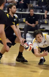 2/10/12 - Brad Hemmerling (19) left, and Kyle McElderry (12) of the Long Beach State Men's Volleyball team.
Photo by Steven Georges/LBSU