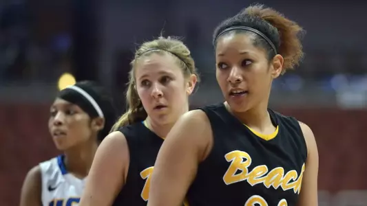 3/10/12 - Tipesa Moorer (33) and Lauren Spargo (44) of the Long Beach State Women's Basketball team during the Big West Tournament Championship against UCSB Saturday at the Honda Center.
Photo by Steven Georges/LBSU
LBSU Photo Archive - www.StevenGeorges.com/LBSU