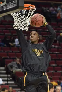 3/14/12 - Nick Shepherd (33) dunks the ball during practice at the Rose Garden in Portland the day before their NCAA playoff game.
Photo by Steven Georges/LBSU