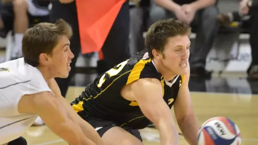 3/23/12 - Taylor Crabb (4) of the Long Beach State Men's Volleyball team, left, and Kyle McElderry (12) dive for the ball.
Photo by Steven Georges/LBSU
LBSU Photo Archive - www.StevenGeorges.com/LBSU