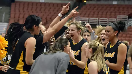 3/9/12 - The Long Beach State Women's Basketball team celebrates after defeating Cal Poly during the Big West Tournament Friday at Honda Center.
Photo by Steven Georges/LBSU
LBSU Photo Archive - www.StevenGeorges.com/LBSU