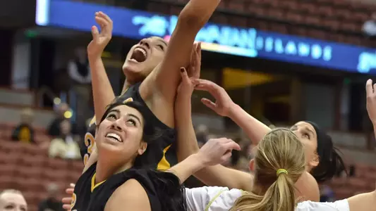 3/9/12 - Devin Hudson (32) and Alex Sanchez (3) of the Long Beach State Women's Basketball team during the Big West Tournament against Cal Poly at Honda Center.
Photo by Steven Georges/LBSU
LBSU Photo Archive - www.StevenGeorges.com/LBSU