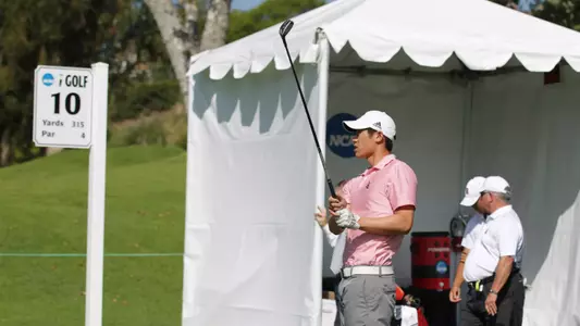Philip Chian starts the opening round of the NCAA Championship at Riviera Country Club in Pacific Palisades from the 10th tee.  (Photo by Darryl Oumi/LBSU)