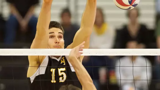 Colten Echave in the Mountain Pacific Sports Federation volleyball match against University of Hawaii at the Walter Pyramid, Long Beach, Calif., Fri., Jan. 18, 2013