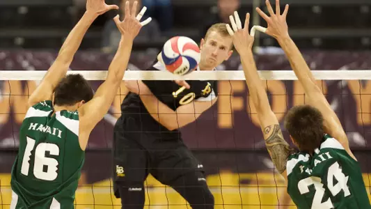 Dalton Ammerman in the Mountain Pacific Sports Federation volleyball match against University of Hawaii at the Walter Pyramid, Long Beach, Calif., Fri., Jan. 18, 2013