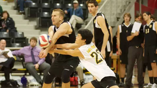 Dalton Ammerman and Andrew Sato in the Mountain Pacific Sports Federation volleyball match against University of Hawaii at the Walter Pyramid, Long Beach, Calif., Fri., Jan. 18, 2013