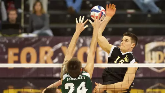 Colten Echave in the Mountain Pacific Sports Federation volleyball match against University of Hawaii at the Walter Pyramid, Long Beach, Calif., Fri., Jan. 18, 2013