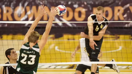Dalton Ammerman in the Mountain Pacific Sports Federation volleyball match against University of Hawaii at the Walter Pyramid, Long Beach, Calif., Fri., Jan. 18, 2013