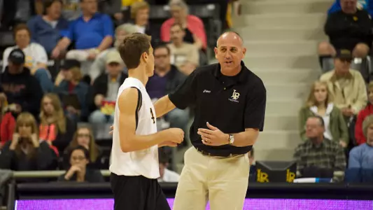 Men's Volleyball Head Coach Alan Knipe talks with Taylor Crabb in the Mountain Pacific Sports Federation volleyball match against University of Hawaii at the Walter Pyramid, Long Beach, Calif., Sat., Jan. 19, 2013
