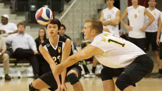 Andrew Sato and Dalton Ammerman in the Mountain Pacific Sports Federation volleyball match against University of Hawaii at the Walter Pyramid, Long Beach, Calif., Sat., Jan. 19, 2013