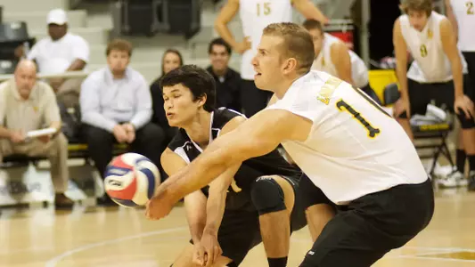 Andrew Sato and Dalton Ammerman in the Mountain Pacific Sports Federation volleyball match against University of Hawaii at the Walter Pyramid, Long Beach, Calif., Sat., Jan. 19, 2013