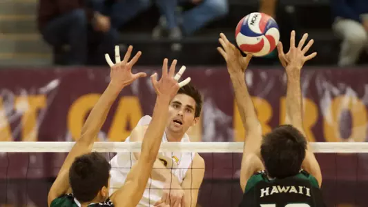 Jeff Ornee in the Mountain Pacific Sports Federation volleyball match against University of Hawaii at the Walter Pyramid, Long Beach, Calif., Sat., Jan. 19, 2013