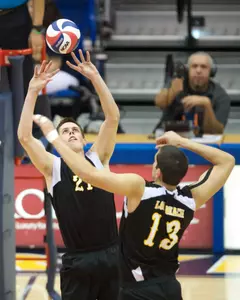 Connor Olbright sets for Taylor Gregory in the MPSF Men's Volleyball match against UC Irvine at the Bren Events Center, Irvine, Calif., Fri., Jan. 24, 2013.