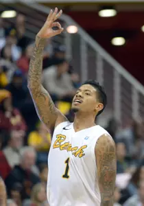 Dec 19, 2013; Long Beach, CA, USA; 49ers guard Tyler Lamb (1) celebrates after a 3-point basket against the Southern California Trojans. Kirby Lee-USA TODAY Sports