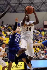 Dec 3, 2013; Long Beach, CA, USA; Long Beach State 49ers guard Branford Jones (14) goes up for a shot against the Creighton Blue Jays during the second half at Walter Pyramid. The Creighton Blue Jays defeated the Long Beach State 49ers 78-61. Mandatory Credit: Kelvin Kuo-USA TODAY Sports