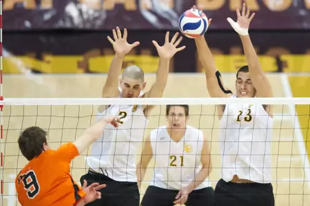 Jeff Ornee and Taylor Gregory in the MPSF Conference match against Pacific at the Walter Pyramid, Long Beach, Calif., Fri., Feb. 15, 2013