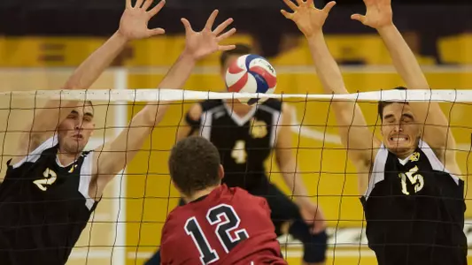 Jeff Ornee and Colten Echave in the MPSF Conference match against Stanford at the Walter Pyramid, Long Beach, Calif., Sat., Feb. 16, 2013.