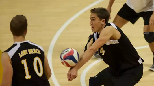 Taylor Crabb receives the serve in the MPSF Conference match against Stanford at the Walter Pyramid, Long Beach, Calif., Sat., Feb. 16, 2013.