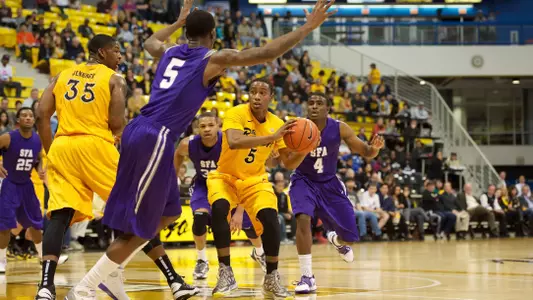 Mike Caffey in the Ramada Worldwide Bracketbuster game against Stephen F Austin at the Walter Pyramid, Long Beach, Calif., Fri., Feb. 22, 2013.