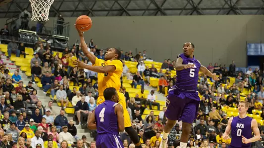Mike Caffey in the Ramada Worldwide Bracketbuster game against Stephen F Austin at the Walter Pyramid, Long Beach, Calif., Fri., Feb. 22, 2013.
