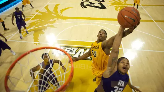 Dan Jennings in the Ramada Worldwide Bracketbuster game against Stephen F Austin at the Walter Pyramid, Long Beach, Calif., Fri., Feb. 22, 2013.