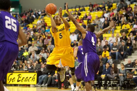 Mike Caffey in the Ramada Worldwide Bracketbuster game against Stephen F Austin at the Walter Pyramid, Long Beach, Calif., Fri., Feb. 22, 2013.