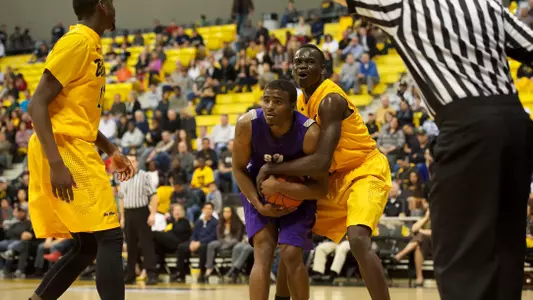 Deng Deng in the Ramada Worldwide Bracketbuster game against Stephen F Austin at the Walter Pyramid, Long Beach, Calif., Fri., Feb. 22, 2013.