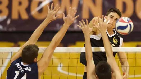 Colten Echave in the MPSF Conference match against Pepperdine at the Walter Pyramid, Long Beach, Calif., Wed., Feb. 6, 2013.