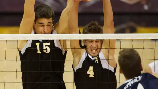 Colten Echave and Taylor Crabb in the MPSF Conference match against Pepperdine at the Walter Pyramid, Long Beach, Calif., Wed., Feb. 6, 2013.