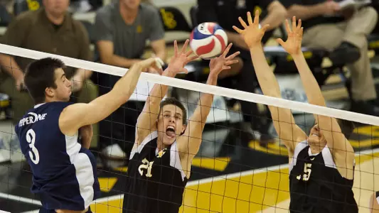 Connor Olbright and Colten Echave in the MPSF Conference match against Pepperdine at the Walter Pyramid, Long Beach, Calif., Wed., Feb. 6, 2013.