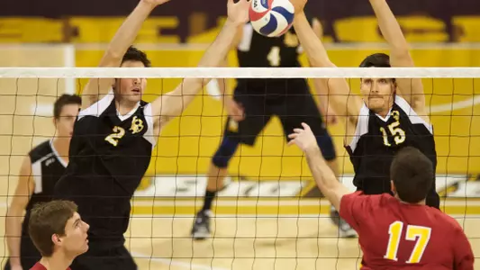 Jeff Ornee and Colten Echave in the MPSF Conference match against USC at the Walter Pyramid, Sat., Feb. 8, 2013