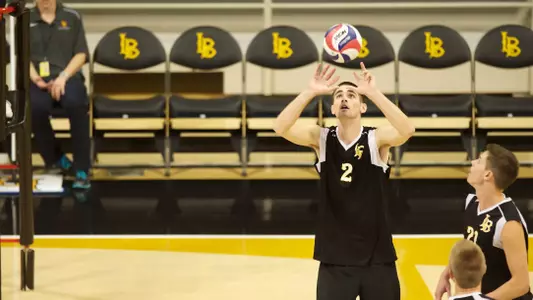 Jeff Ornee sets in the Active Ankle Tournament match against IPFW at the Walter Pyramid, Long Beach, Calif., Sat. March 16, 2013.