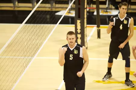 McKay Smith celebrates the point in the Active Ankle Tournament match against IPFW at the Walter Pyramid, Long Beach, Calif., Sat. March 16, 2013.