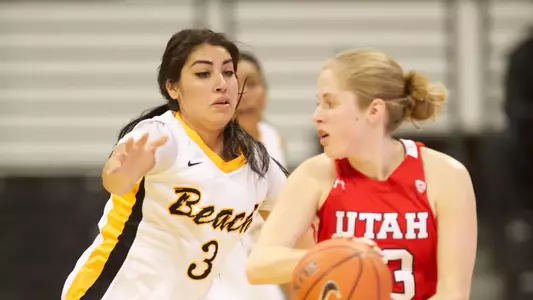 Alex Sanchez in the first round game of the WNIT against Utah Wednesday night at the Walter Pyramid in Long Beach, Calif.