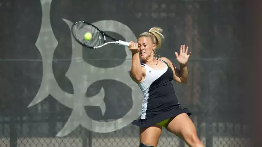 Klaudia Malenovska  in the Big West Conference Tennis match against Hawaii at the Rhodes Tennis Center, Long Beach, Calif., Sat., Feb. 16, 2013
