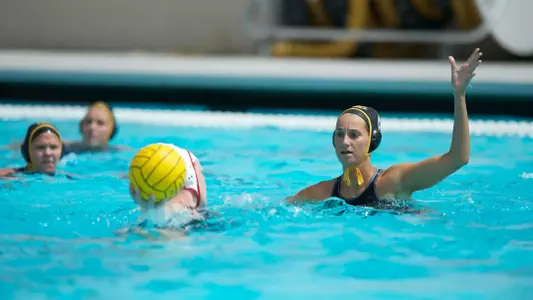 Julie Lantz in the Big West Conference match against No. 13 Cal State Northridge at the Campus Pool on Saturday, April 6, in Long Beach, Calif.