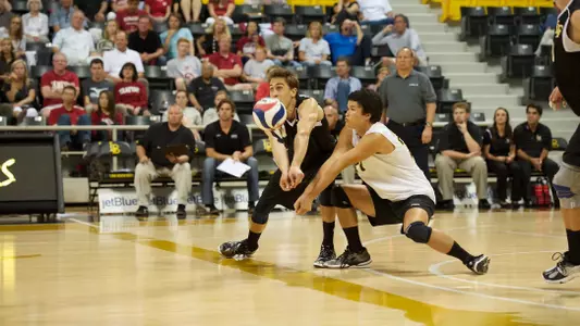 Taylor Crabb and Andrew Sato in the MPSF Conference Playoff match against Stanford at the Walter Pyramid, Long Beach, Calif., Saturday, April 20, 2013.