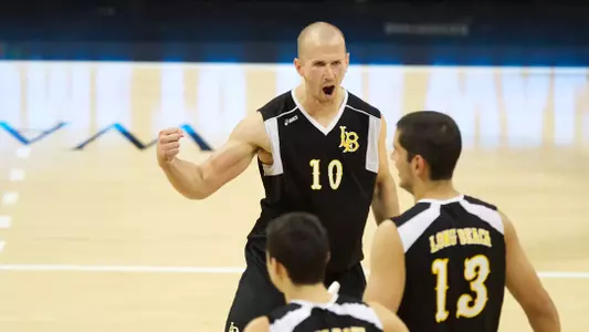 Dalton Ammerman celebrates the point in the MPSF Conference Playoff match against Stanford at the Walter Pyramid, Long Beach, Calif., Saturday, April 20, 2013.